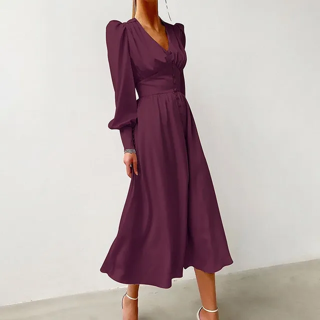 High Waist Satin Long Elegant V Neck Women Dress Lantern Sleeve