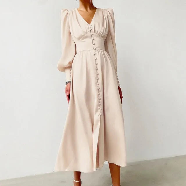 High Waist Satin Long Elegant V Neck Women Dress Lantern Sleeve