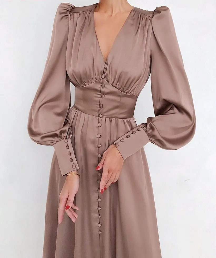 High Waist Satin Long Elegant V Neck Women Dress Lantern Sleeve