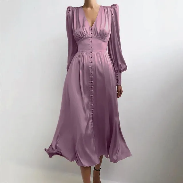 High Waist Satin Long Elegant V Neck Women Dress Lantern Sleeve
