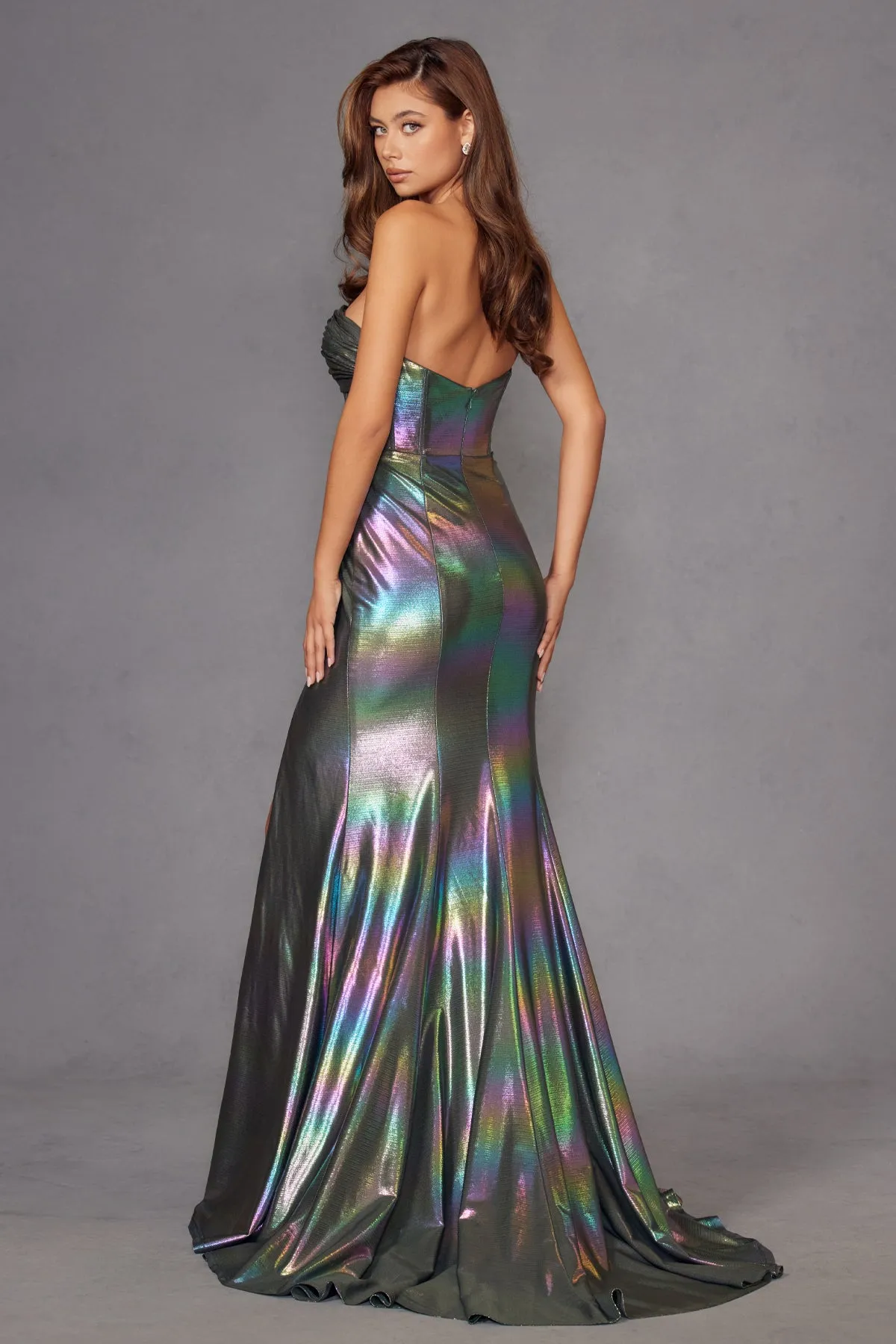 Iridescent Strapless Slit Gown by Juliet JT2579H