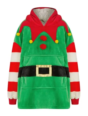 Kids Elf Novelty Soft Fleece Borg Lined Oversized Hooded Blanket with Pocket in Green  - Merry Christmas Kids  (4-12yrs)