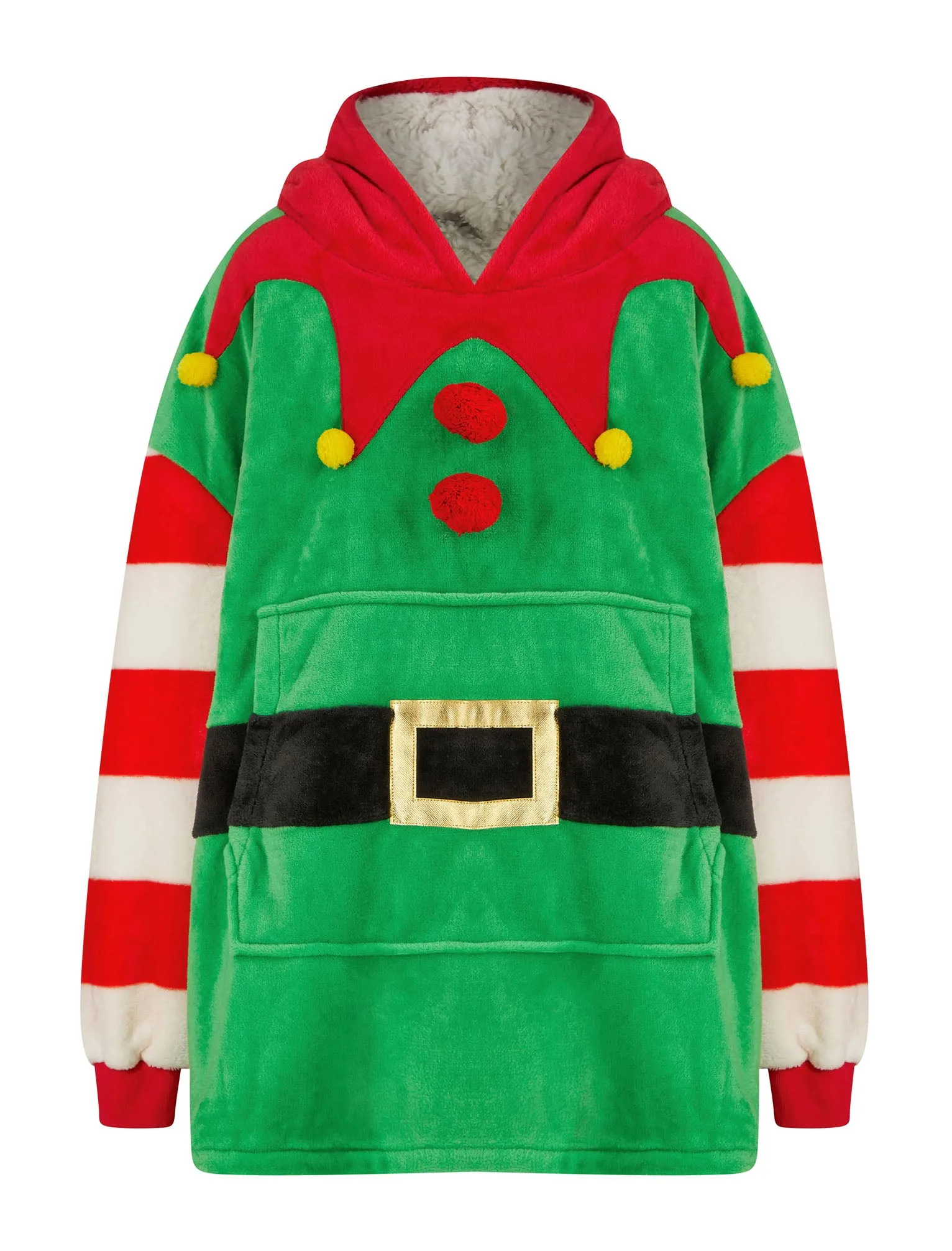 Kids Elf Novelty Soft Fleece Borg Lined Oversized Hooded Blanket with Pocket in Green  - Merry Christmas Kids  (4-12yrs)