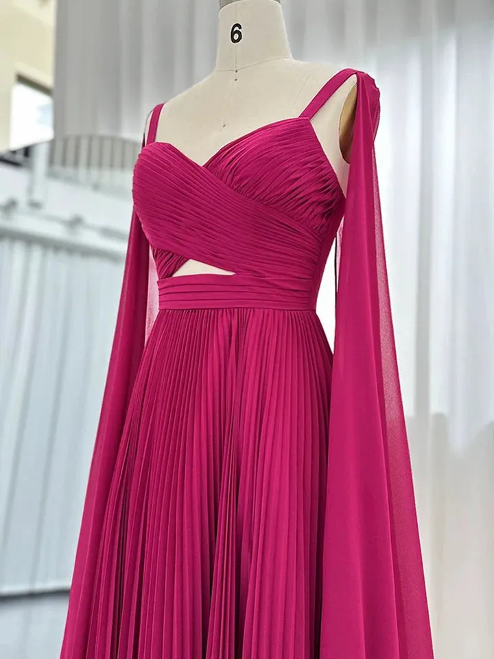 Luolandi Fuchsia Chiffon Long Evening Dresses with Cape Sleeves Elegant Spaghetti Strap V-Neck Party Formal Dresses Sexy