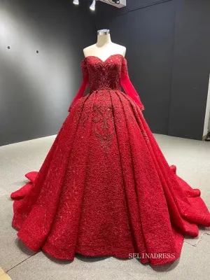 Luxury Strapless Long Sleeve Red Ball Gown Prom Dress Beaded Quincess Evening Gowns RSM67160