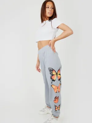 Machela Butterfly Graphic Oversized Fleece Joggers In Grey