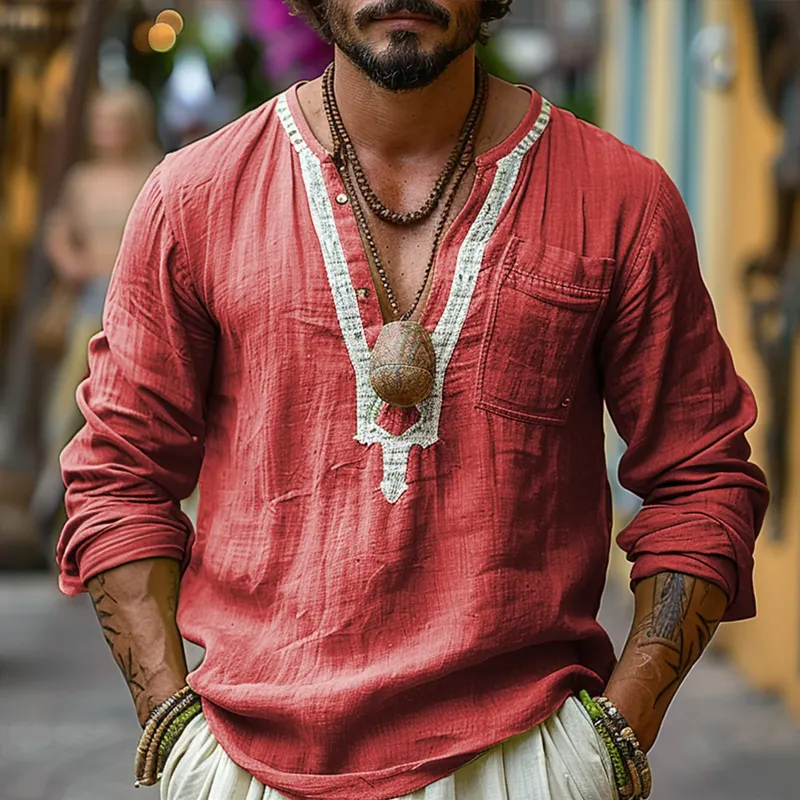 Men's Ethnic Style V Neck Long Sleeve Cotton And Linen Loose Shirt 58430018Z
