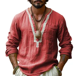 Men's Ethnic Style V Neck Long Sleeve Cotton And Linen Loose Shirt 58430018Z