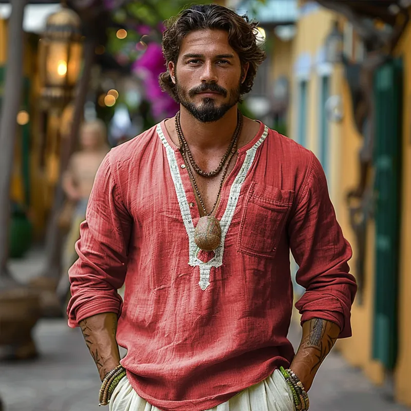 Men's Ethnic Style V Neck Long Sleeve Cotton And Linen Loose Shirt 58430018Z