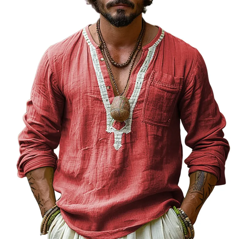 Men's Ethnic Style V Neck Long Sleeve Cotton And Linen Loose Shirt 58430018Z