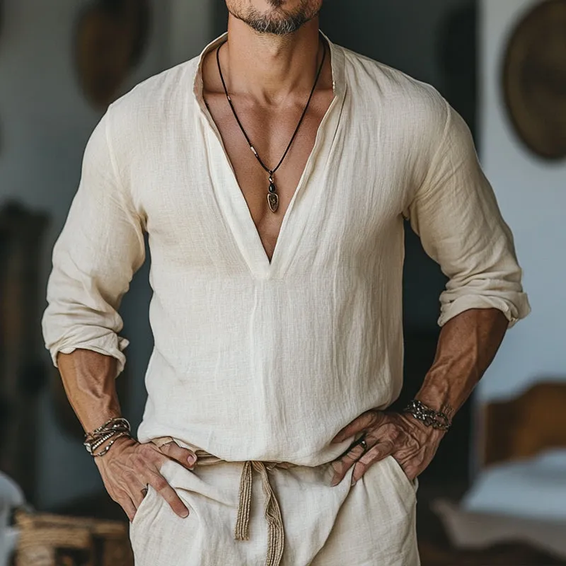 Men's Skin-friendly Casual V-neck Cotton and Linen Long-sleeved T-shirt 47590111U