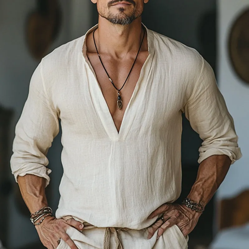 Men's Skin-friendly Casual V-neck Cotton and Linen Long-sleeved T-shirt 47590111U