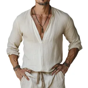 Men's Skin-friendly Casual V-neck Cotton and Linen Long-sleeved T-shirt 47590111U