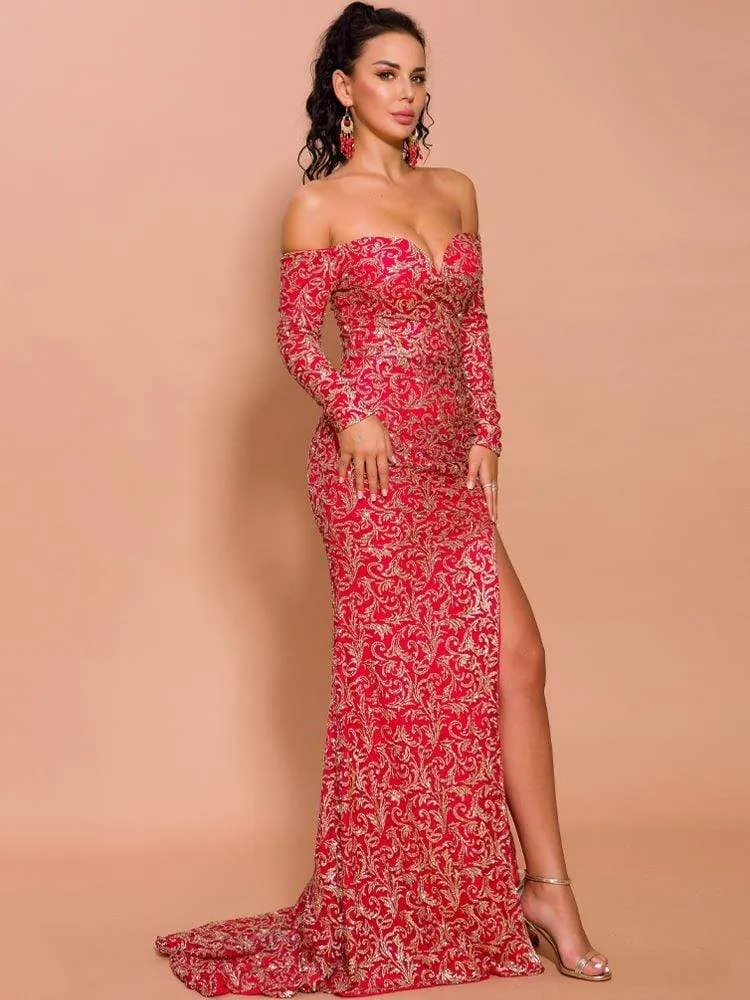 Off Shoulder Evening Gown Maxi Dress