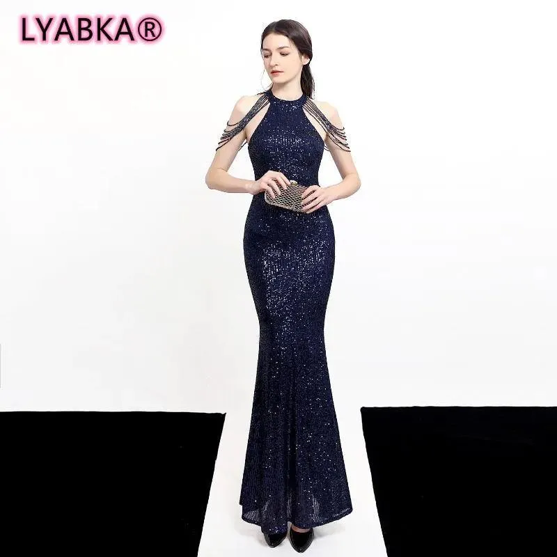 Party Dresses LYABKA Elegant Off Shoulder Beaded Sequin Evening Dress Women Sliver Bodycon Maxi Prom