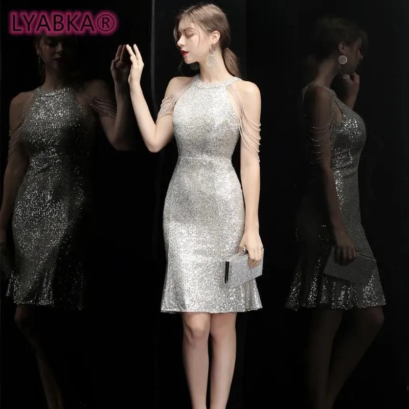 Party Dresses LYABKA Elegant Off Shoulder Beaded Sequin Evening Dress Women Sliver Bodycon Maxi Prom