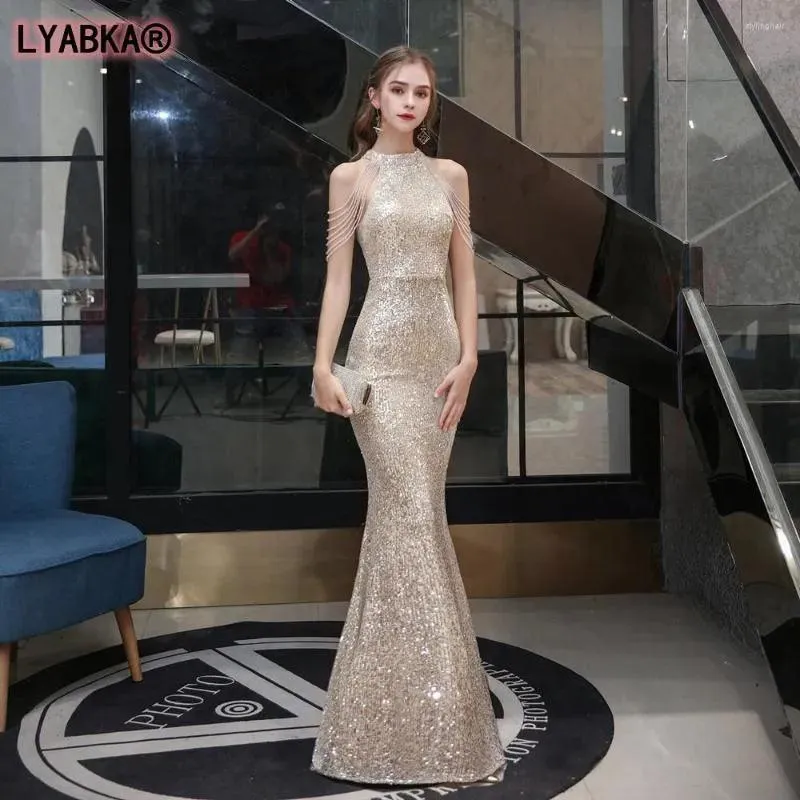 Party Dresses LYABKA Elegant Off Shoulder Beaded Sequin Evening Dress Women Sliver Bodycon Maxi Prom