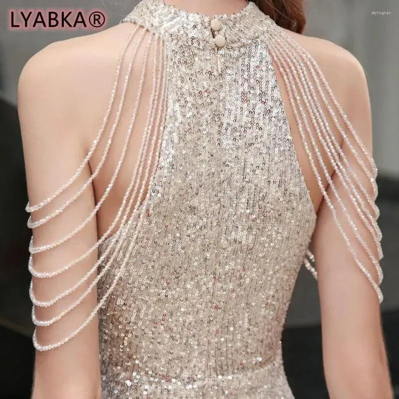 Party Dresses LYABKA Elegant Off Shoulder Beaded Sequin Evening Dress Women Sliver Bodycon Maxi Prom