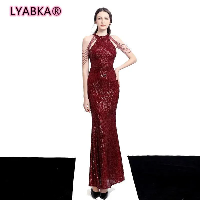 Party Dresses LYABKA Elegant Off Shoulder Beaded Sequin Evening Dress Women Sliver Bodycon Maxi Prom