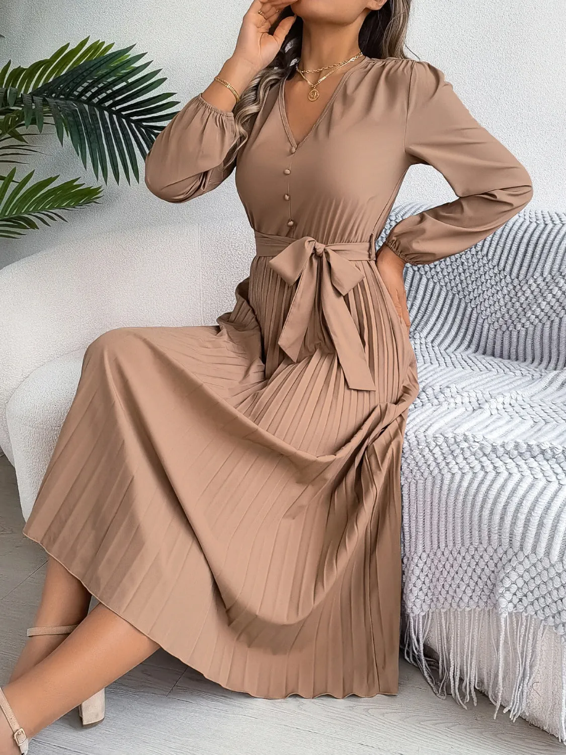 Pleated Tied V-Neck Long Sleeve Midi Dress
