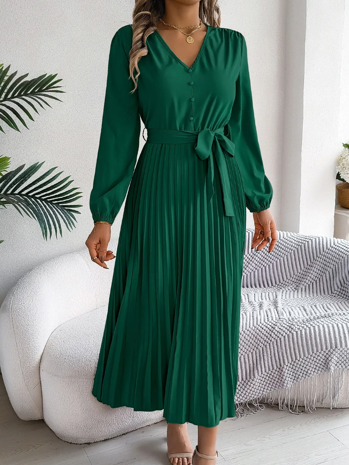 Pleated Tied V-Neck Long Sleeve Midi Dress