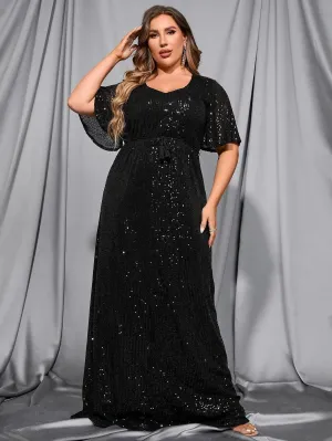 Plus Butterfly Sleeve Sequin Prom Dress