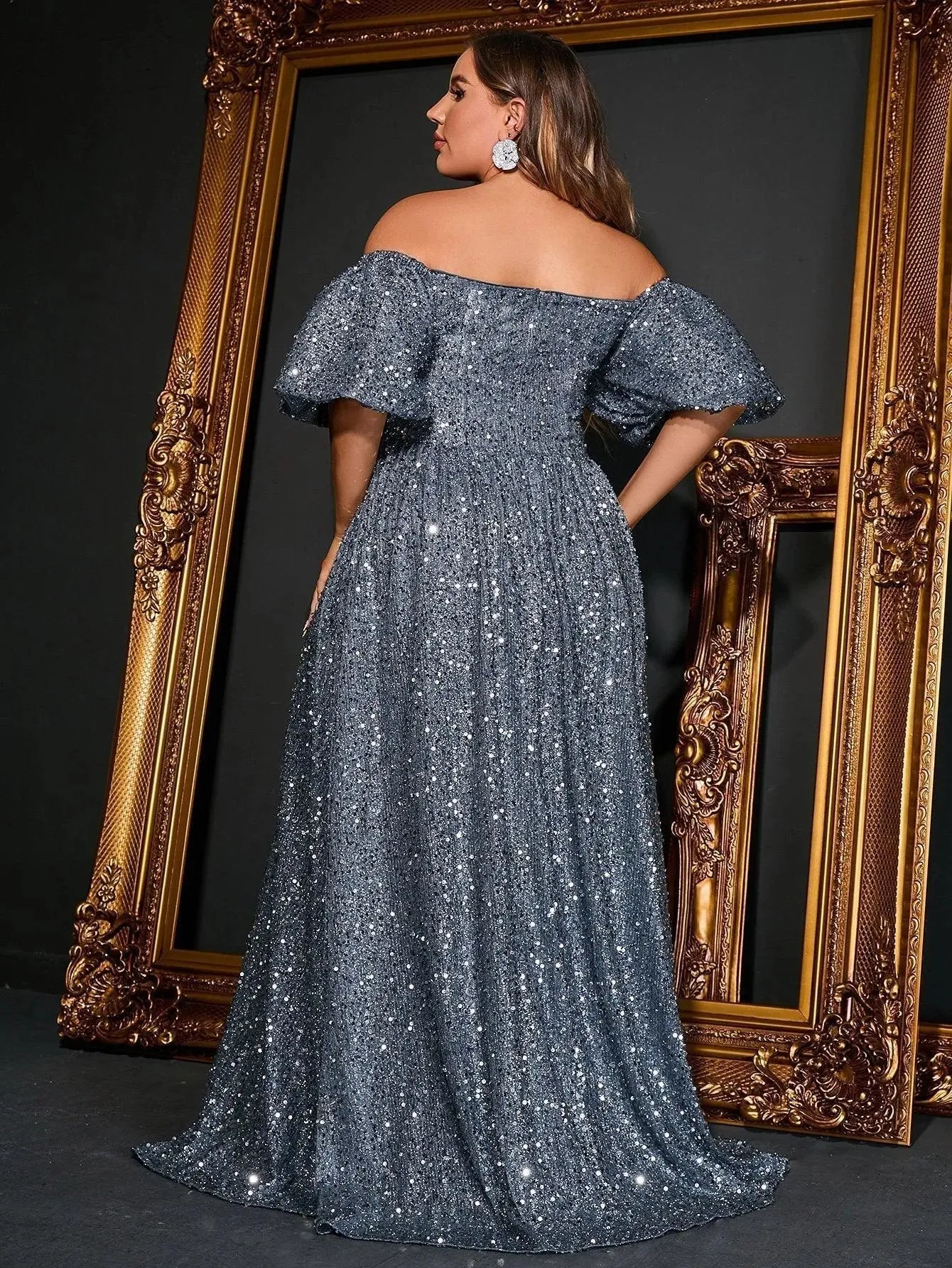 Plus Off Shoulder Puff Sleeves Sequin A Line Dress
