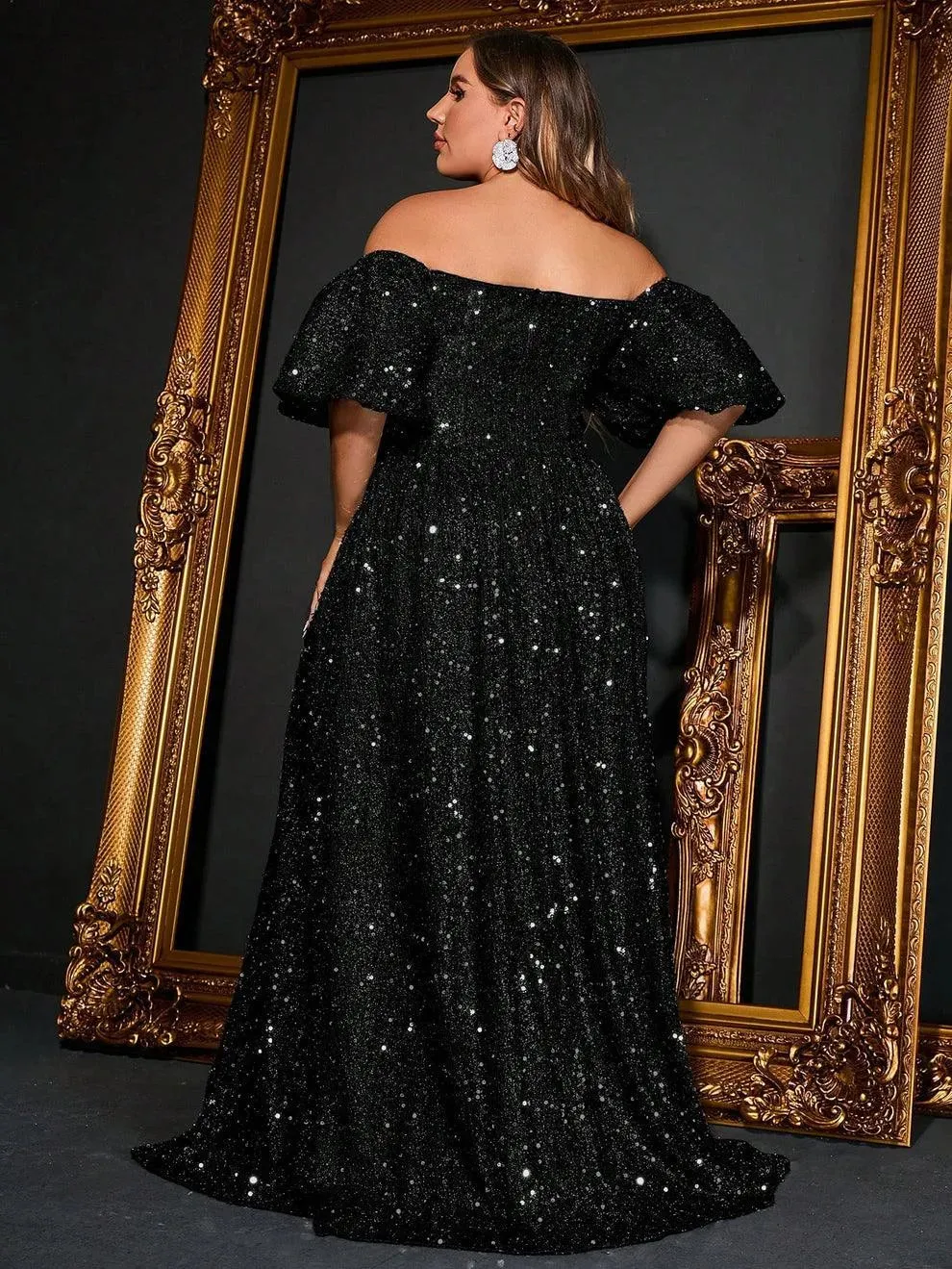 Plus Off Shoulder Puff Sleeves Sequin A Line Dress