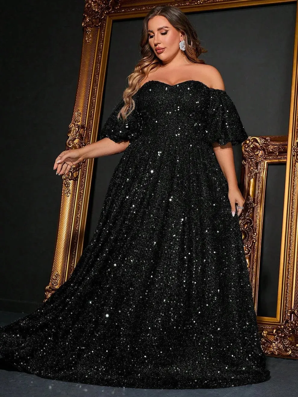 Plus Off Shoulder Puff Sleeves Sequin A Line Dress