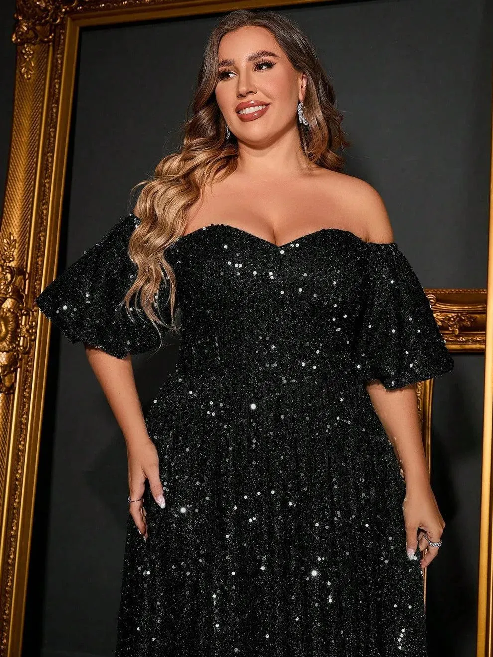 Plus Off Shoulder Puff Sleeves Sequin A Line Dress