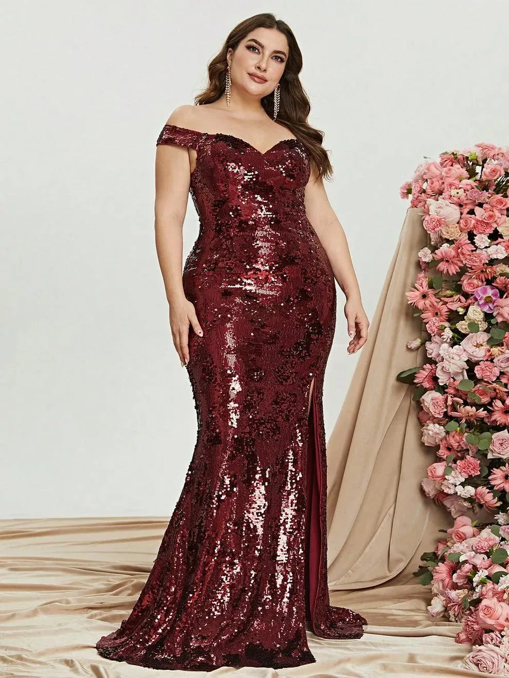 Plus Size Off Shoulder Slit Sequin Mermaid Dress