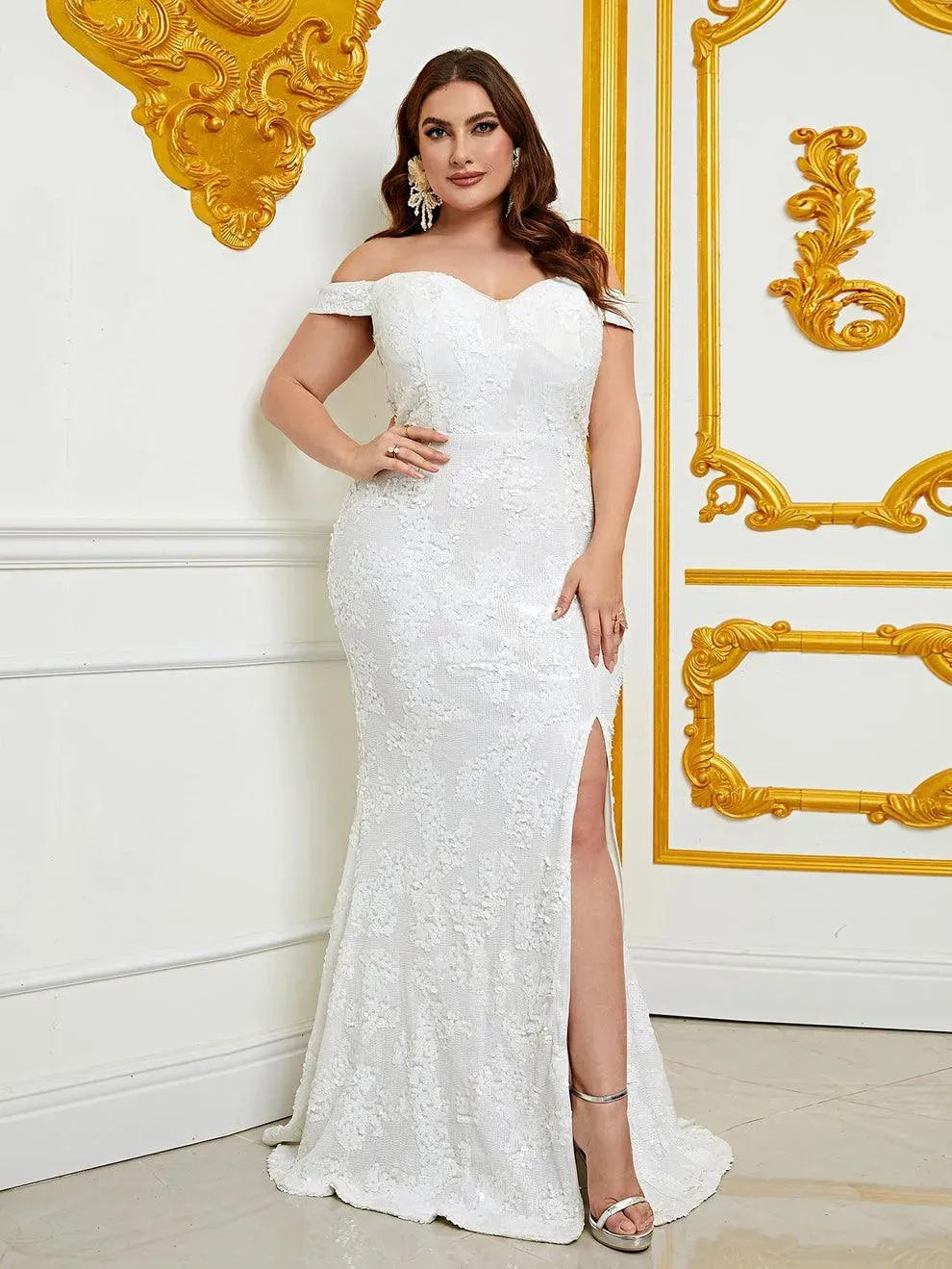 Plus Size Off Shoulder Slit Sequin Mermaid Dress