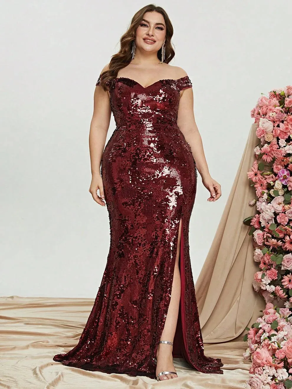 Plus Size Off Shoulder Slit Sequin Mermaid Dress