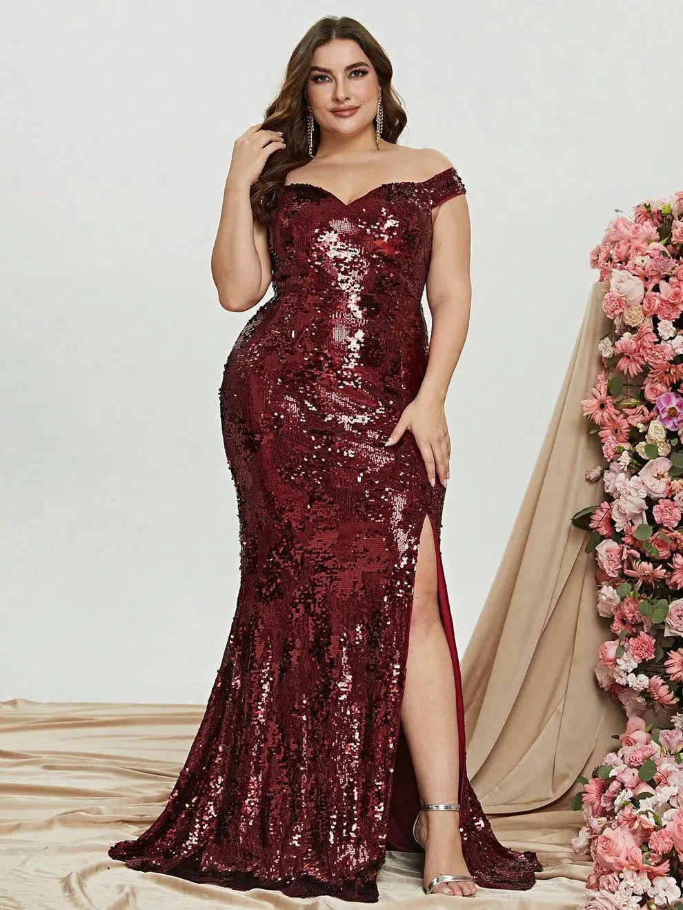 Plus Size Off Shoulder Slit Sequin Mermaid Dress