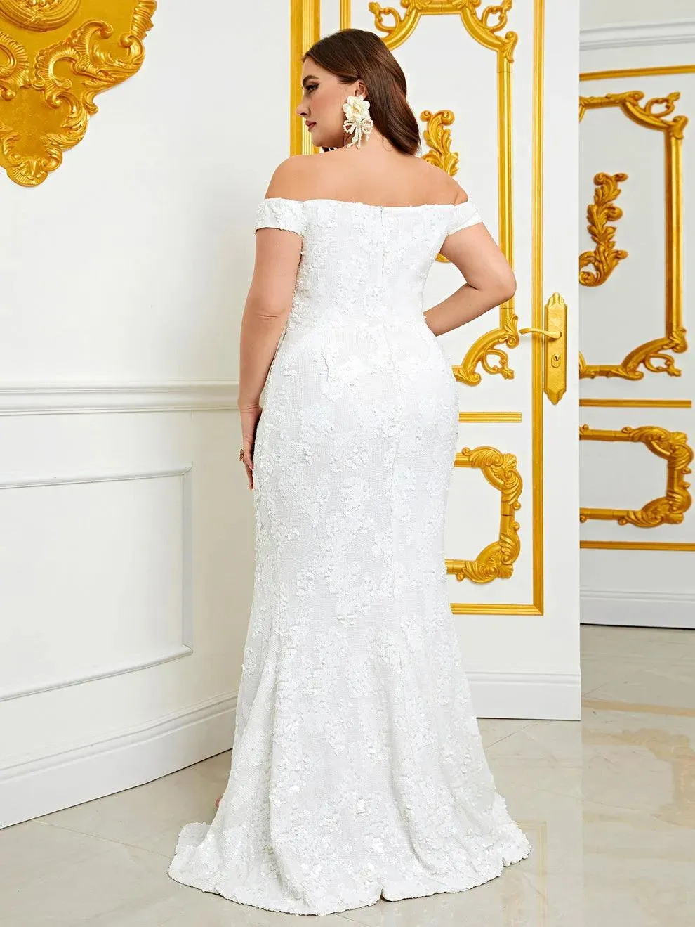 Plus Size Off Shoulder Slit Sequin Mermaid Dress