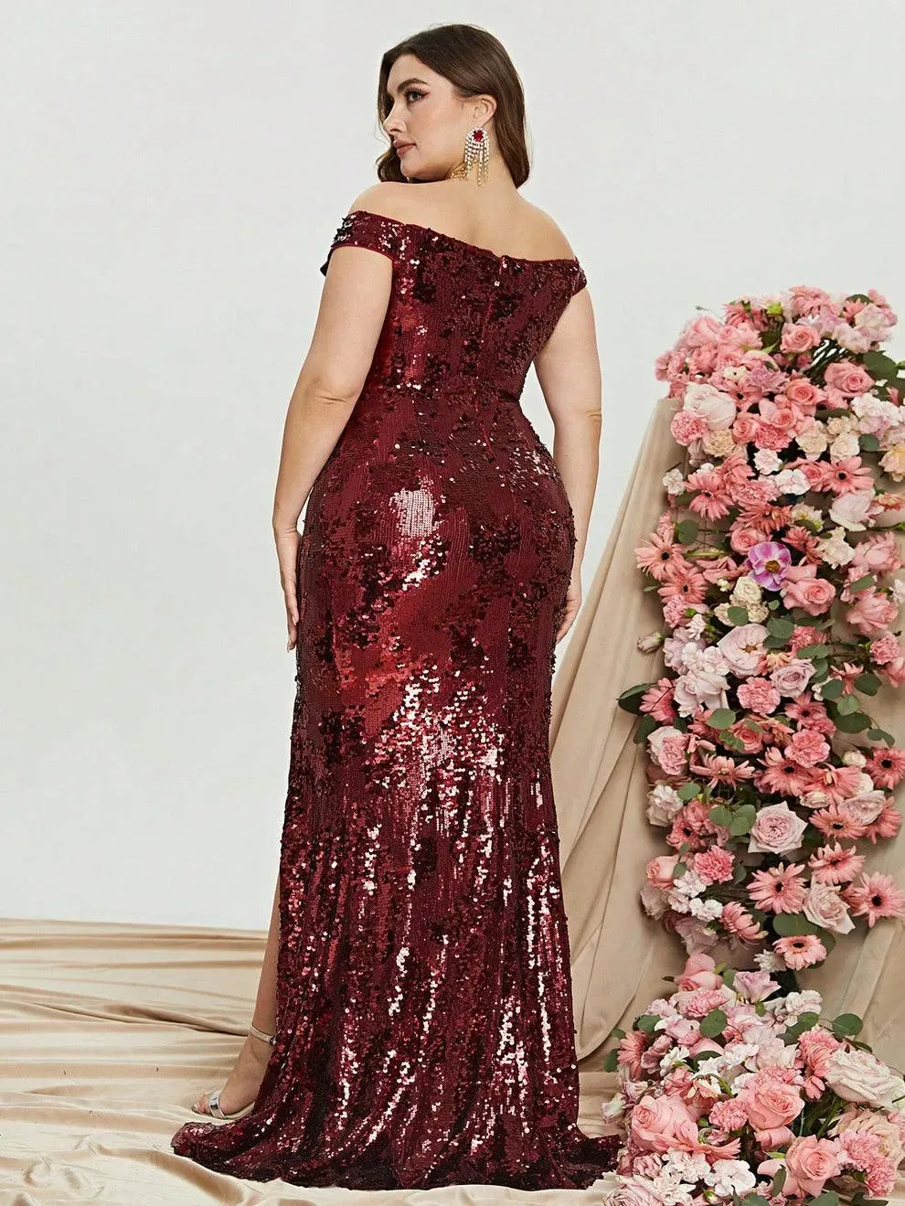 Plus Size Off Shoulder Slit Sequin Mermaid Dress