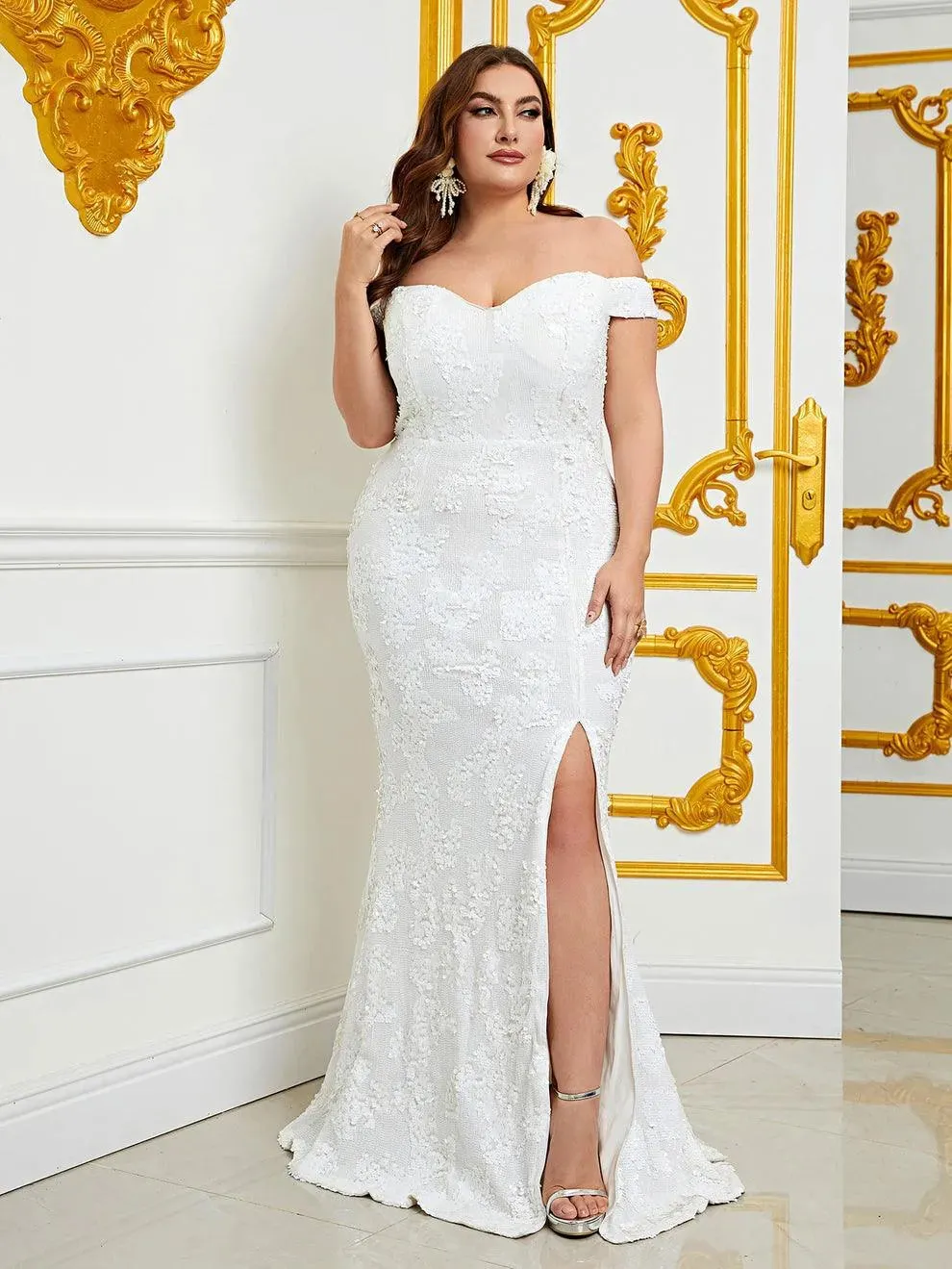Plus Size Off Shoulder Slit Sequin Mermaid Dress