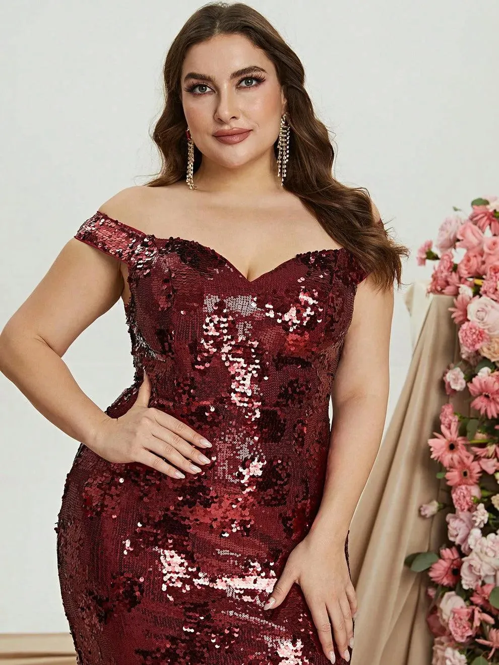Plus Size Off Shoulder Slit Sequin Mermaid Dress