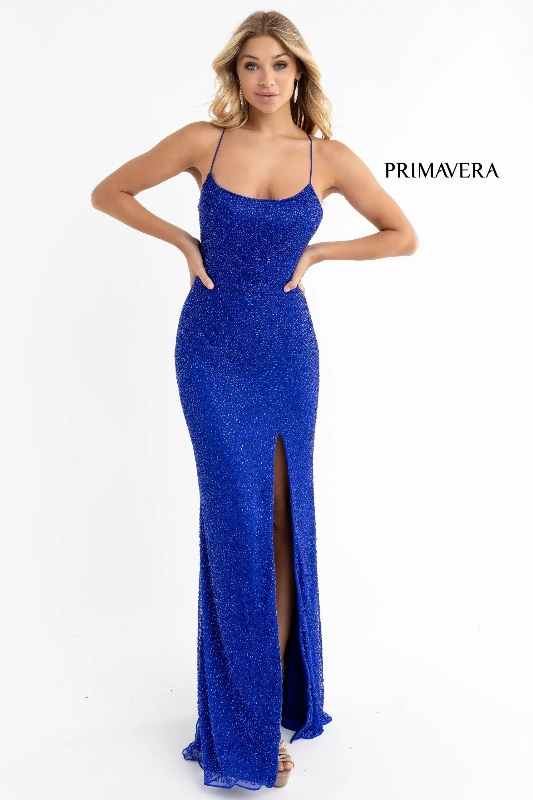 Primavera Couture 3413 Size 8 scoop neckline beaded sequins prom dress open back slit