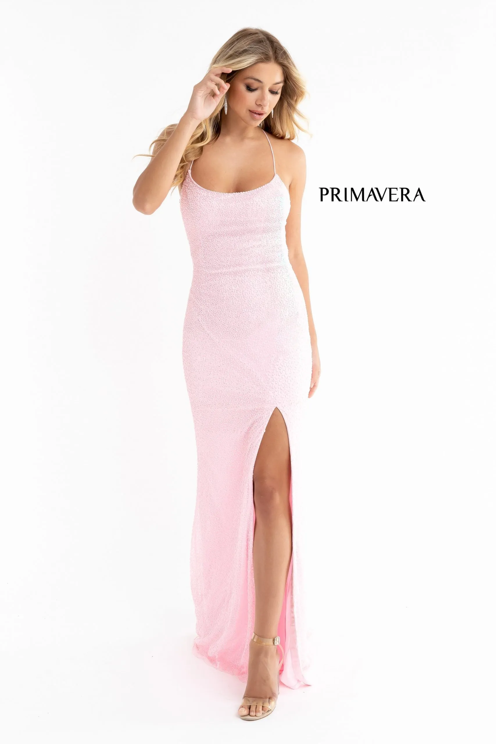 Primavera Couture 3413 Size 8 scoop neckline beaded sequins prom dress open back slit