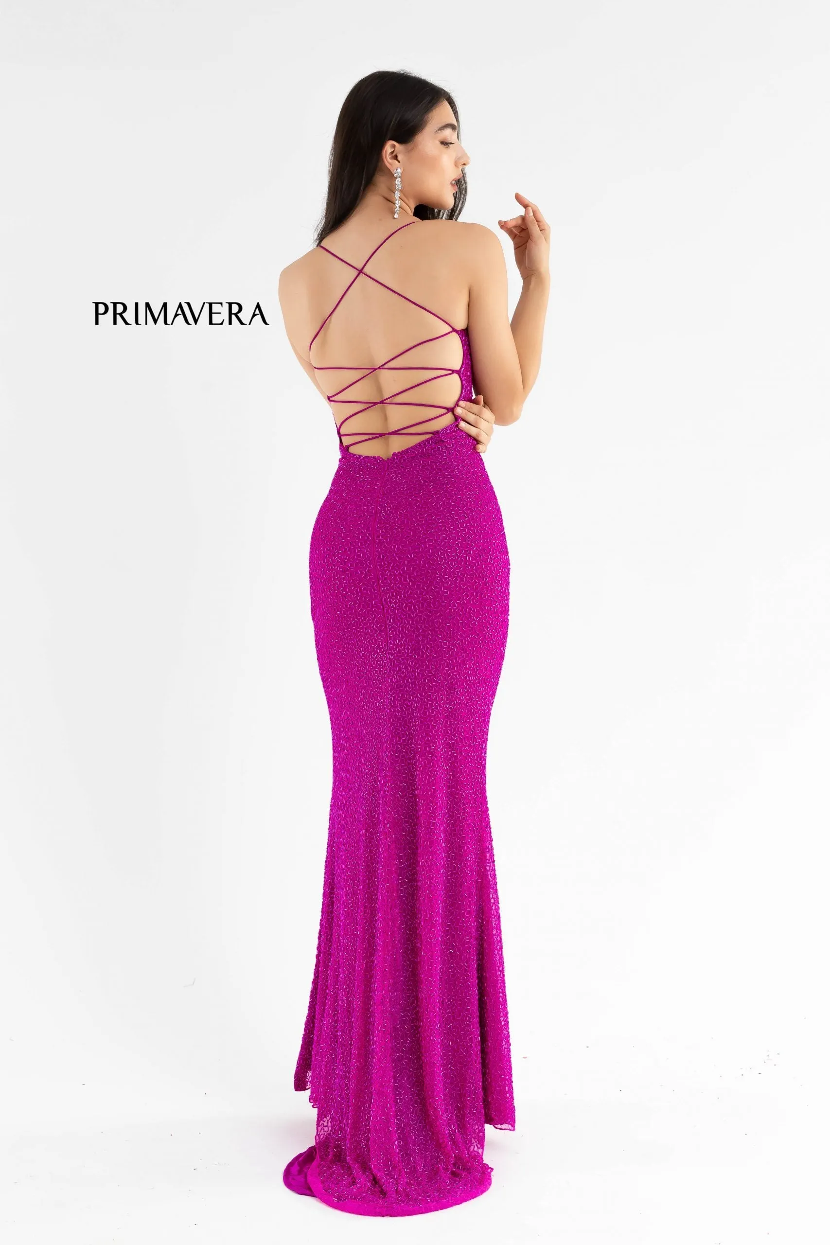 Primavera Couture 3413 Size 8 scoop neckline beaded sequins prom dress open back slit