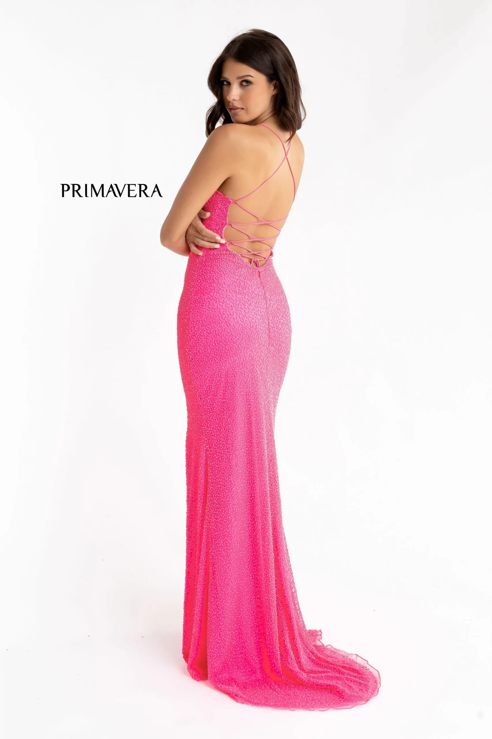 Primavera Couture 3413 Size 8 scoop neckline beaded sequins prom dress open back slit