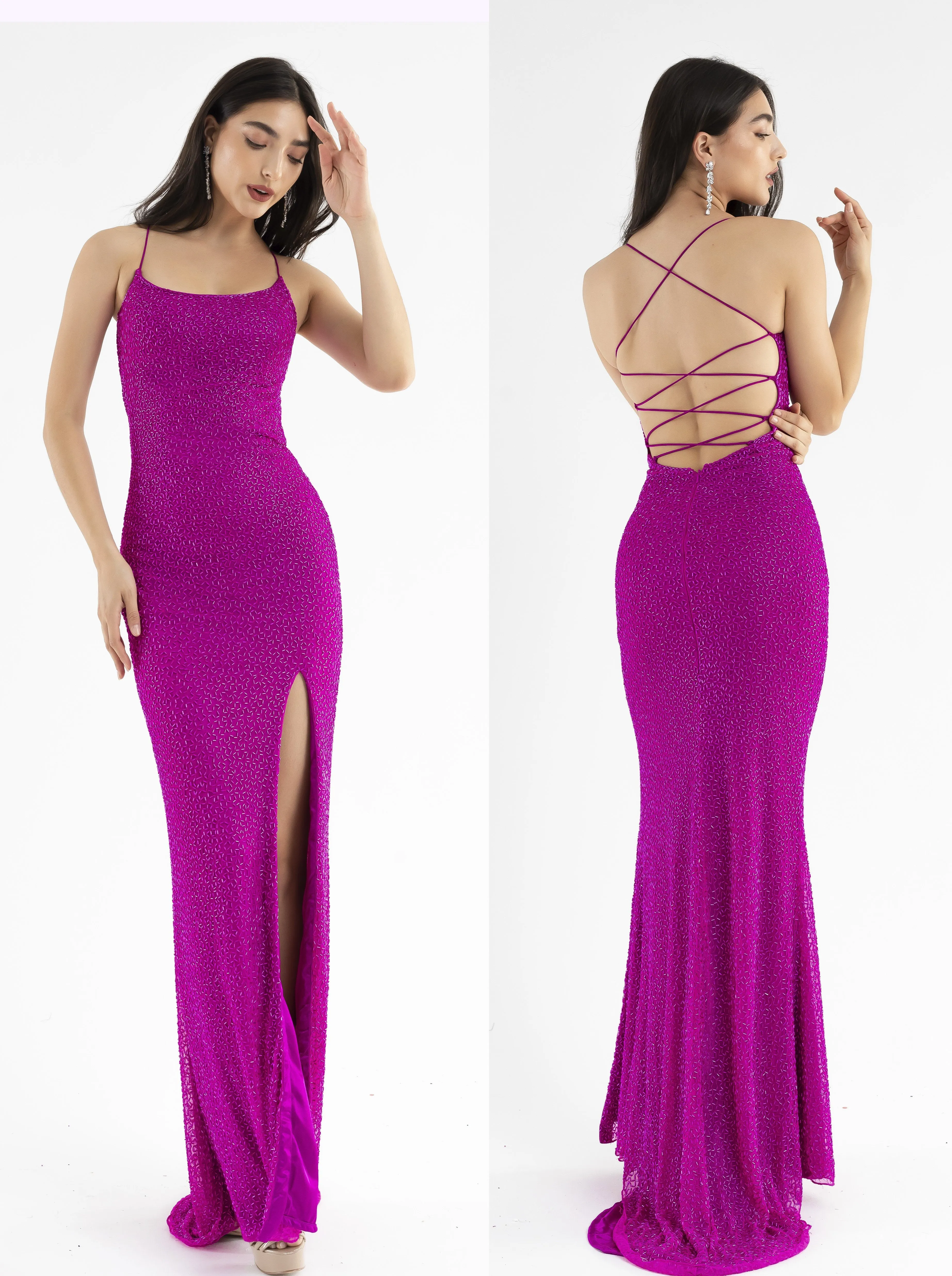 Primavera Couture 3413 Size 8 scoop neckline beaded sequins prom dress open back slit