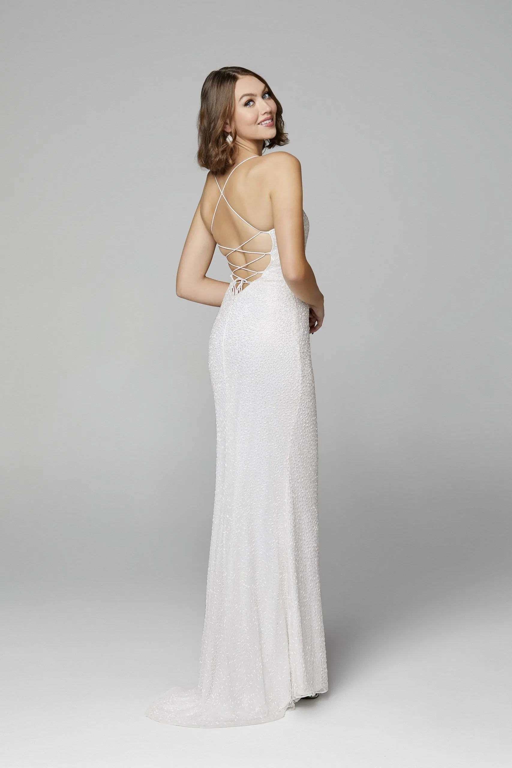 Primavera Couture 3413 Size 8 scoop neckline beaded sequins prom dress open back slit