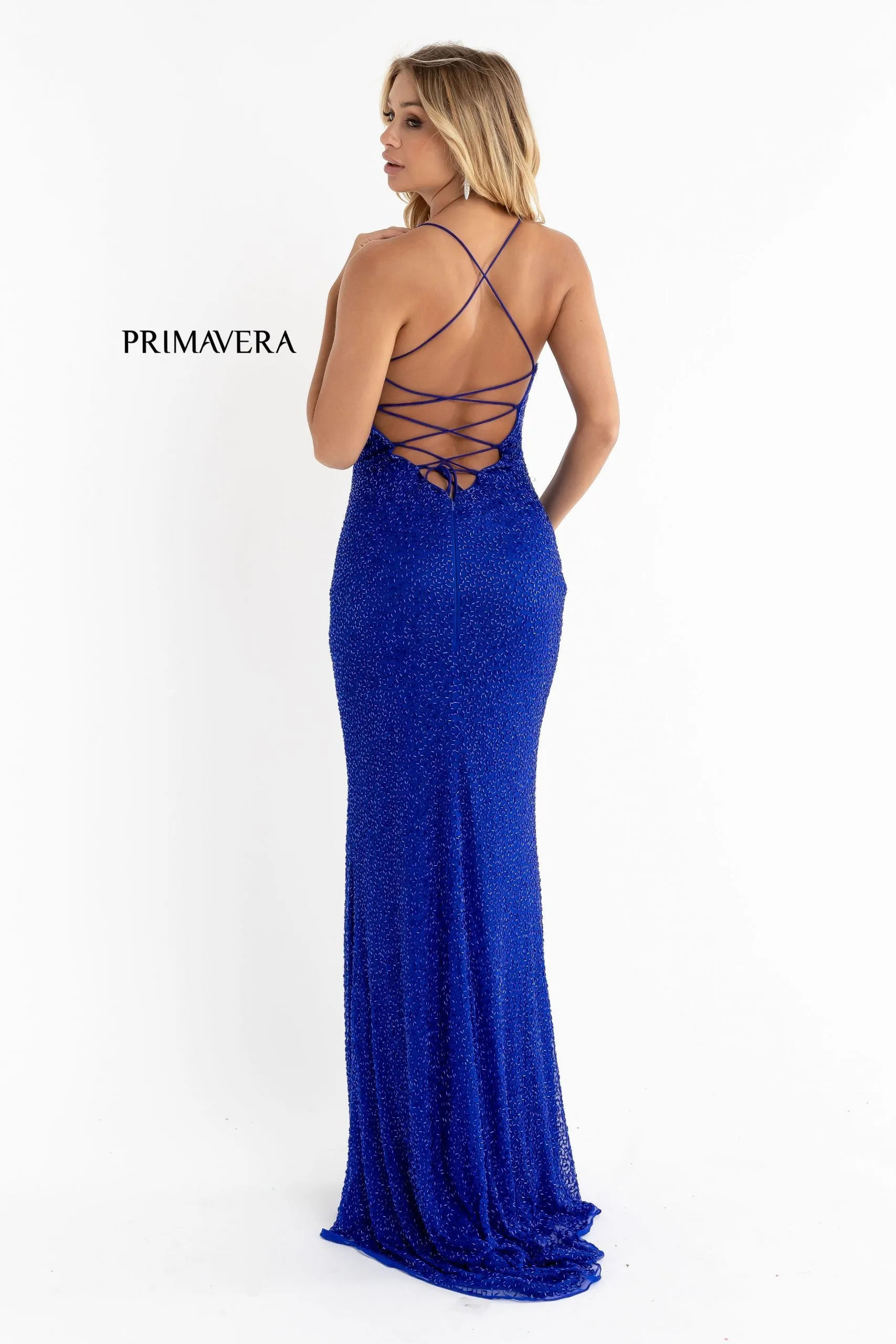 Primavera Couture 3413 Size 8 scoop neckline beaded sequins prom dress open back slit