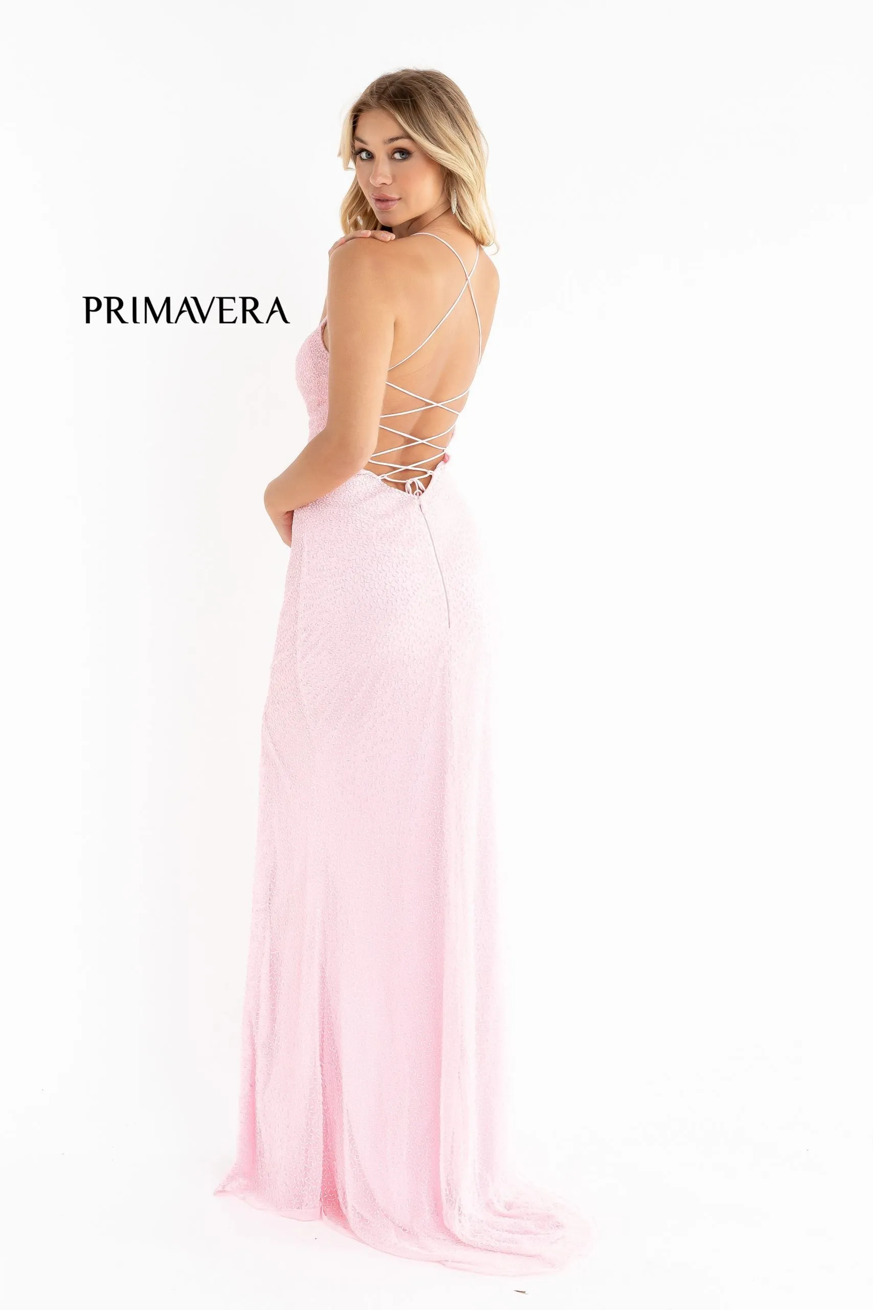 Primavera Couture 3413 Size 8 scoop neckline beaded sequins prom dress open back slit
