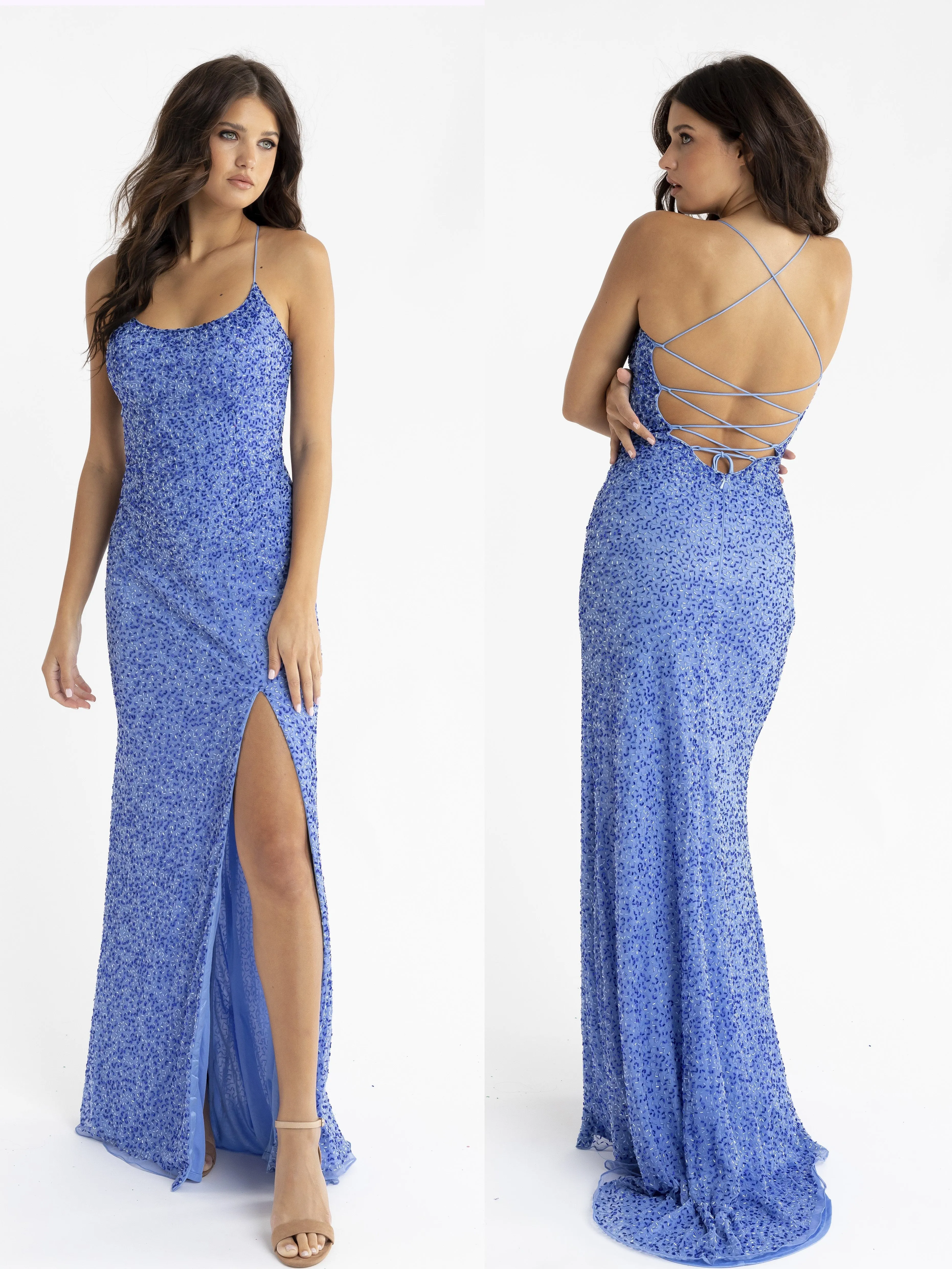 Primavera Couture 3413 Size 8 scoop neckline beaded sequins prom dress open back slit