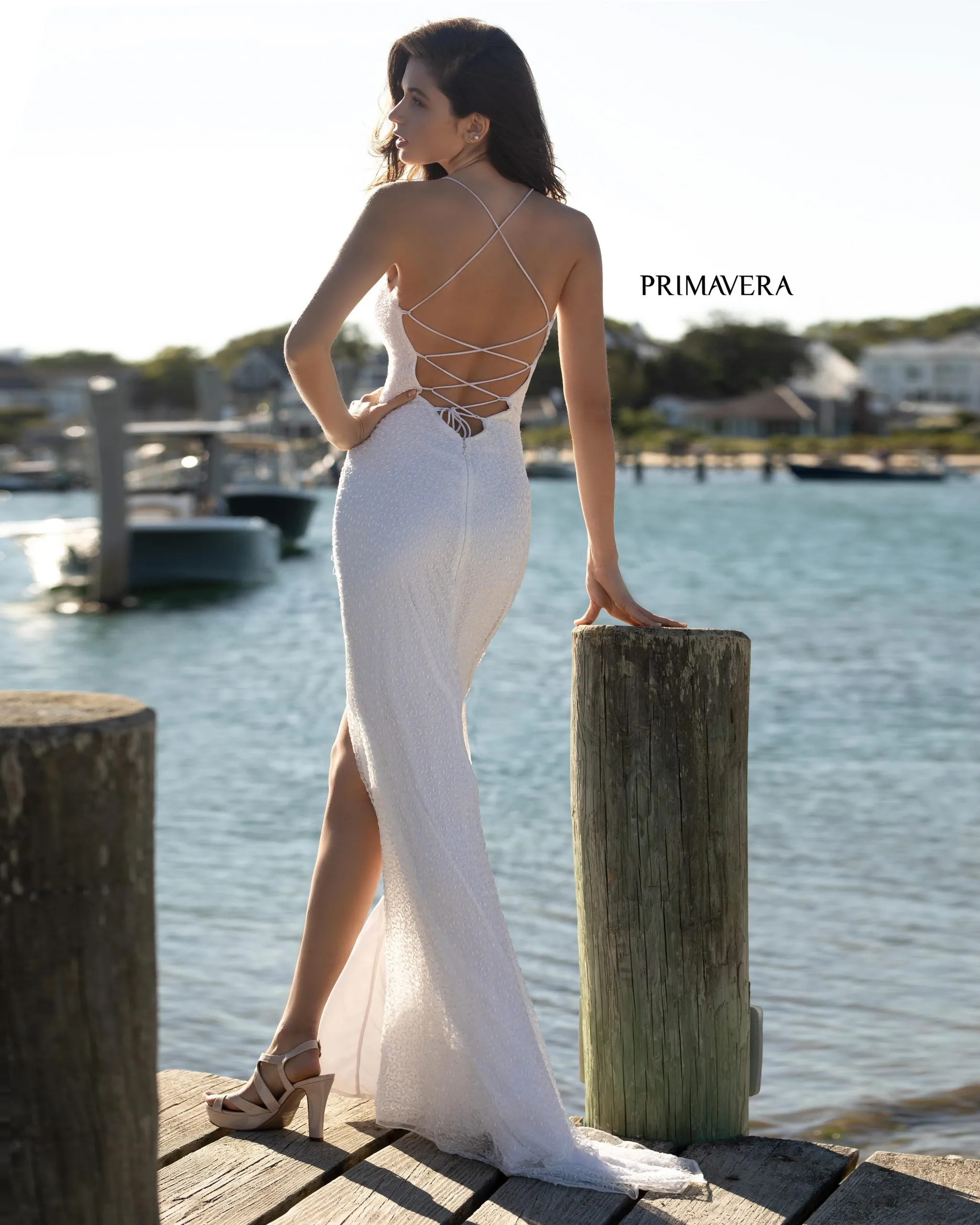 Primavera Couture 3413 Size 8 scoop neckline beaded sequins prom dress open back slit
