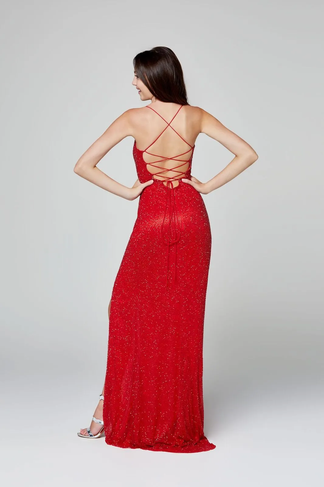 Primavera Couture 3413 Size 8 scoop neckline beaded sequins prom dress open back slit