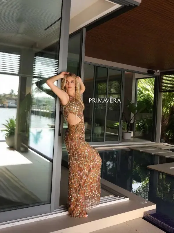 Primavera Couture 4131 Long Prom Dress Beaded Floral Side Cut Out Fitted Fringes Formal Pageant Gown